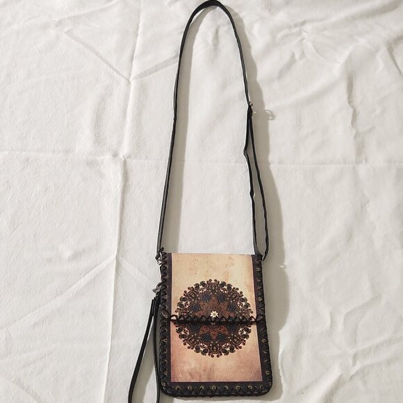 Women's Mandala Print Small Snap Close Vegan Leather Crossbody Cell Phone Bag - Picture 6 of 13